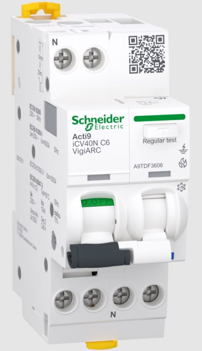 Schneider Electric Arc fault detection RCBO, ACTI9 ICV40N ARC, 1P+N, 6A, C curve, 30MA, type A-SI, 6000A A9TDF3606