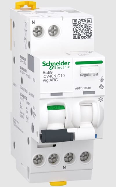Schneider Electric Arc fault detection RCBO, ACTI9 ICV40N ARC, 1P+N, 10A, C curve, 30MA, type A-SI, 6000A A9TDF3610