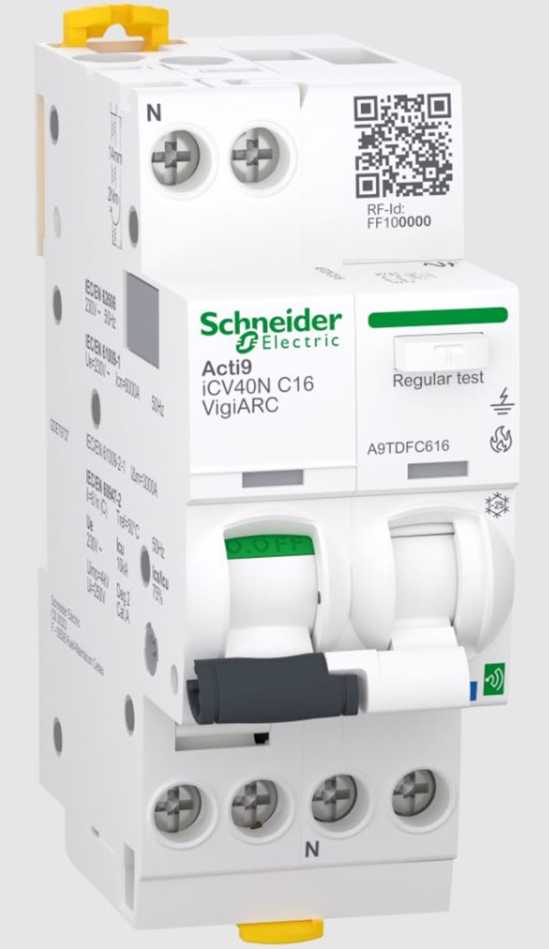 Schneider Electric Active arc fault detection RCBO, ACTI9 Active ICV40N ARC, 1P+N, 16A, C curve, 30MA, type A-SI, 6000A A9TDFC616