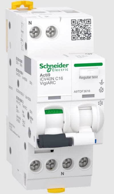 Schneider Electric Arc fault detection RCBO, ACTI9 ICV40N ARC, 1P+N, 16A, C curve, 30MA, type A-SI, 6000A A9TDF3616