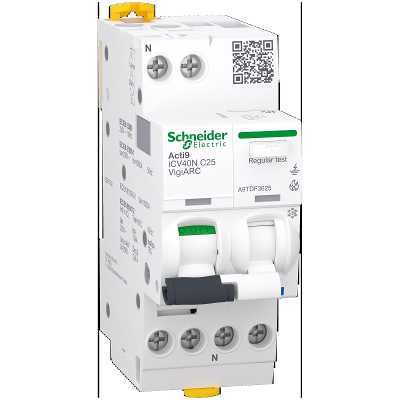 Schneider Electric Arc fault detection RCBO, ACTI9 ICV40N ARC, 1P+N, 25A, C curve, 30MA, type A-SI, 6000A A9TDF3625