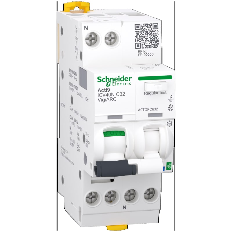 Schneider Electric Active arc fault detection RCBO, ACTI9 Active ICV40N ARC, 1P+N, 32A, C curve, 30MA, type A-SI, 6000A A9TDFC632