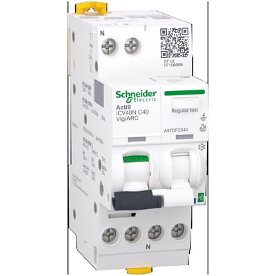 Schneider Electric Active arc fault detection RCBO, ACTI9 Active ICV40N ARC, 1P+N, 40A, C curve, 30MA, type A-SI, 6000A A9TDFC640