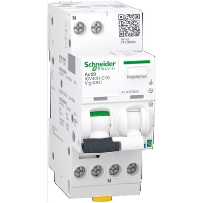 Schneider Electric Active arc fault detection RCBO, ACTI9 Active ICV40H ARC, 1P+N, 10A, C curve, 30MA, type A-SI, 10000A A9TDFD610