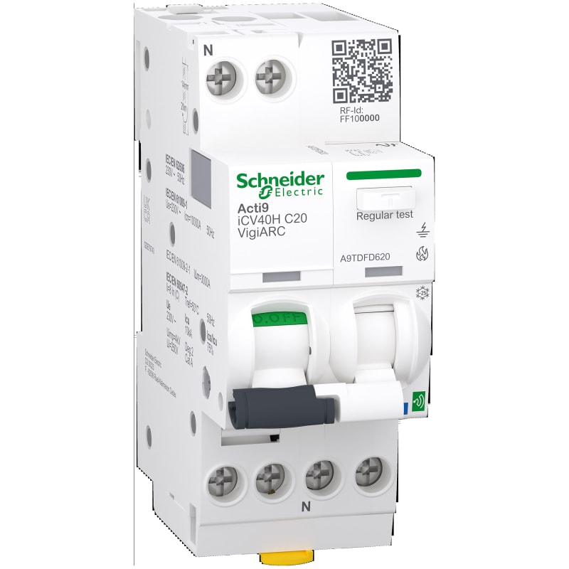 Schneider Electric Active arc fault detection RCBO, ACTI9 ICV40H ARC, 1P + N, 20 A, C curve, 30 mA, type A-SI, 10000 A A9TDFD620