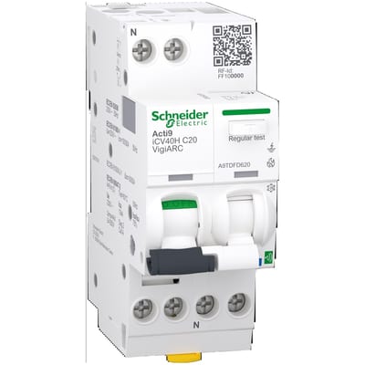 Schneider Electric Active arc fault detection RCBO, ACTI9 ICV40H ARC, 1P + N, 20 A, C curve, 30 mA, type A-SI, 10000 A A9TDFD620