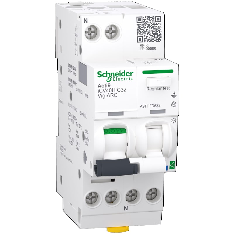 Schneider Electric Active arc fault detection RCBO, ACTI9 Active ICV40H ARC, 1P+N, 32A, C curve, 30MA, type A-SI, 10000A A9TDFD632