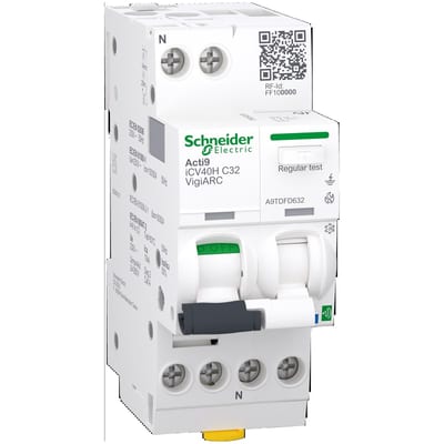 Schneider Electric Active arc fault detection RCBO, ACTI9 Active ICV40H ARC, 1P+N, 32A, C curve, 30MA, type A-SI, 10000A A9TDFD632