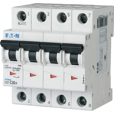 Eaton FAZT-B20/4 Miniature Circuit Breaker — 4P, Type B, 20 A, 25 kA