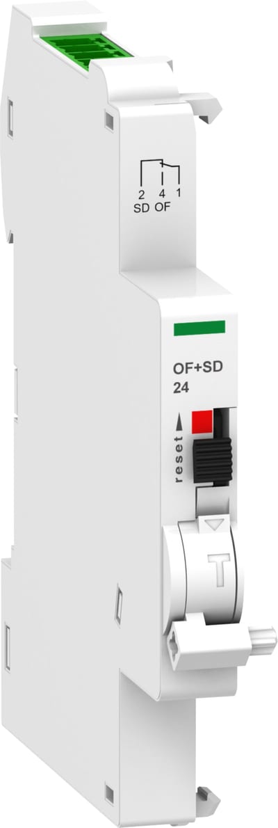 Schneider Electric Auxiliary contact, ACTI9 A9N, OF+SD, 1 NO + 1 NC, 2MA to 100MA, 24VDC, TI24 connector on top (sold separately) A9N26899