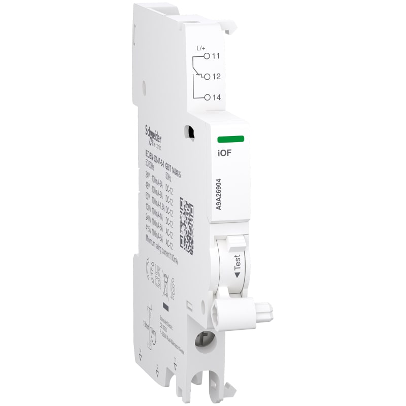 Schneider Electric Auxiliary contact, ACTI9 A9A, iOF, 1 C/O, 100MA to 6A, 24VAC to 415VAC, 24-130 VDC, bottom connection A9A26904