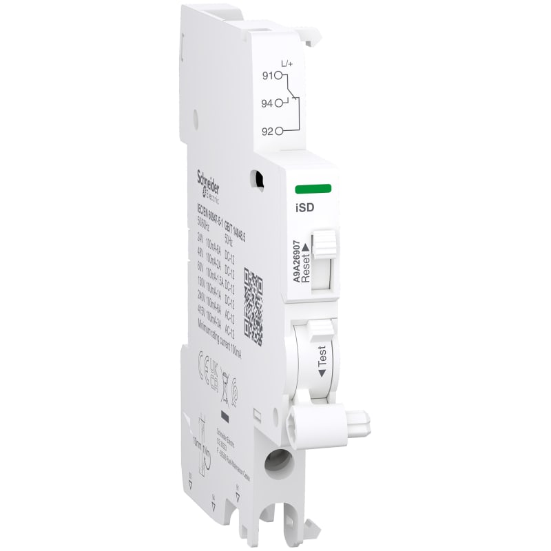 Schneider Electric Auxiliary contact, ACTI9 A9A, iSD, 1 C/O, 100MA to 6A, 24VAC to 415VAC, 24VDC to 130VDC, bottom connection A9A26907