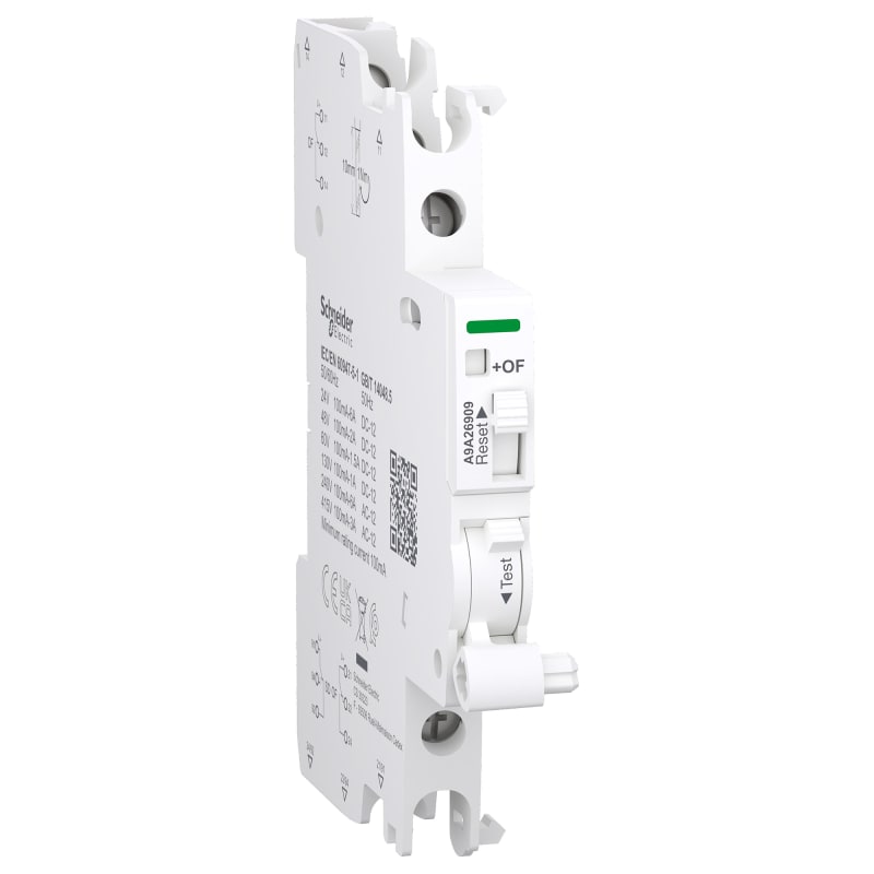 Schneider Electric Auxiliary contact, ACTI9 A9A, iOF/SD+OF, 2 C/O, 100MA to 6A, 24VAC to 415VAC, 24VDC to 130VDC, top and bottom connection A9A26909