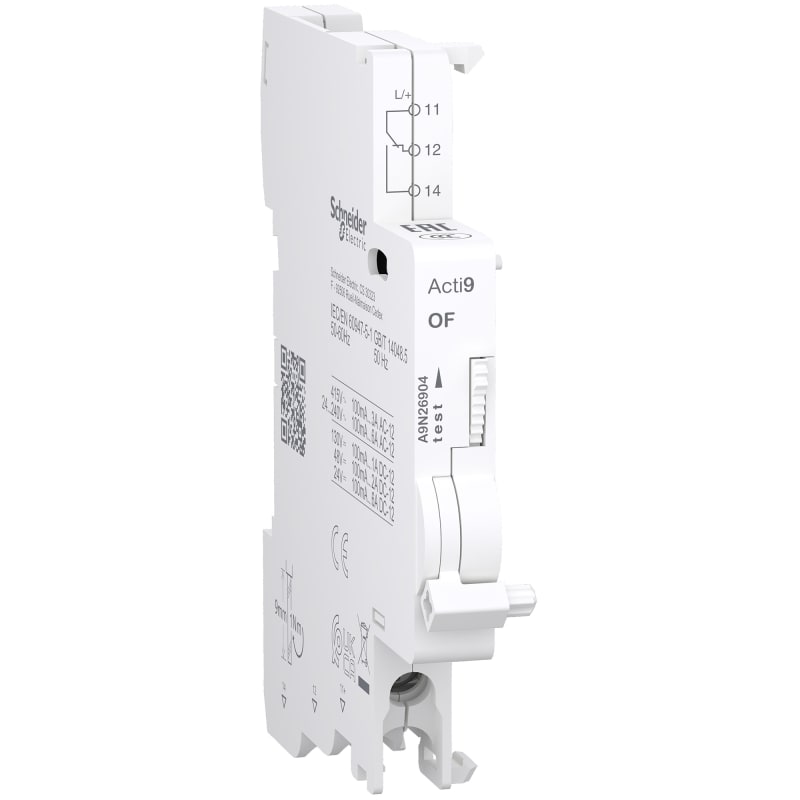Schneider Electric A9N26904 Auxiliary contact, ACTI9 A9N, OF, 1 C/O, 100MA to 6A, 24VAC to 415VAC, 24VDC to 130VDC, bottom connection