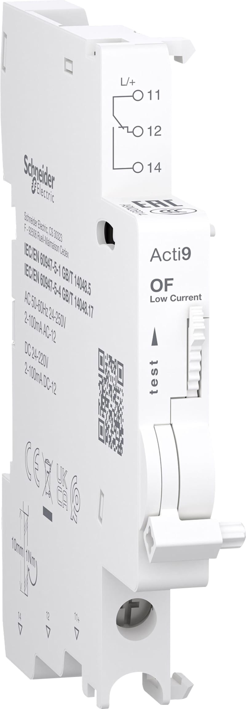 Schneider Electric Auxiliary contact, ACTI9 A9N, OF, 1 C/O, 2MA to 100MA, 24VAC to 250VAC, 24VDC to 220VDC, bottom connection A9N26914