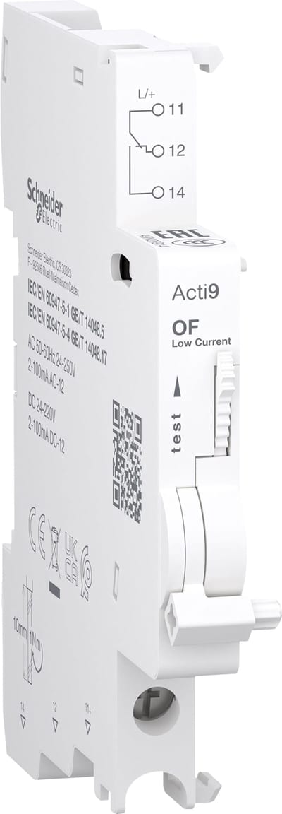Schneider Electric Auxiliary contact, ACTI9 A9N, OF, 1 C/O, 2MA to 100MA, 24VAC to 250VAC, 24VDC to 220VDC, bottom connection A9N26914
