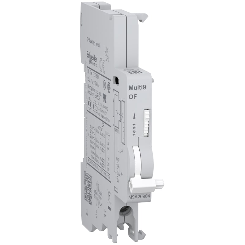 Schneider Electric M9A26904 Auxiliary contact, MULTI9 M9A, OF, 1 C/O, 100MA to 6A, 24VAC to 415VAC, 24VDC to 130VDC, bottom connection
