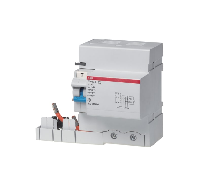 ABB DDA802 RCD Block — 2-Pole, Type A, 63 A, 1 A, Selective, for S800 MCB (2CSB802201R5630)