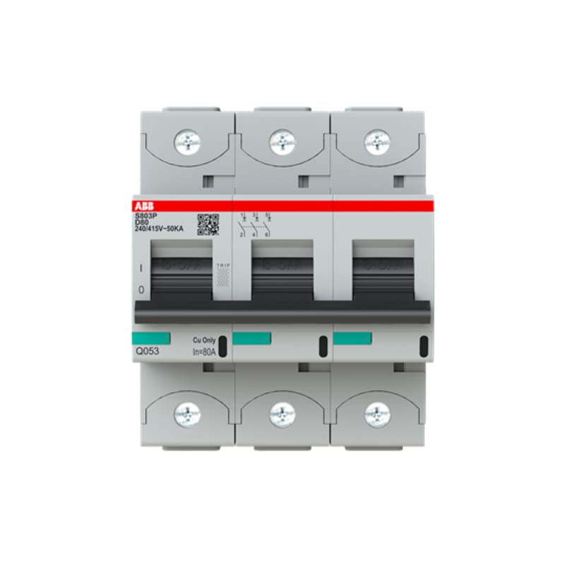 ABB S803P-D80 Miniature Circuit Breaker — 3P, Type D, 80 A, 50 kA