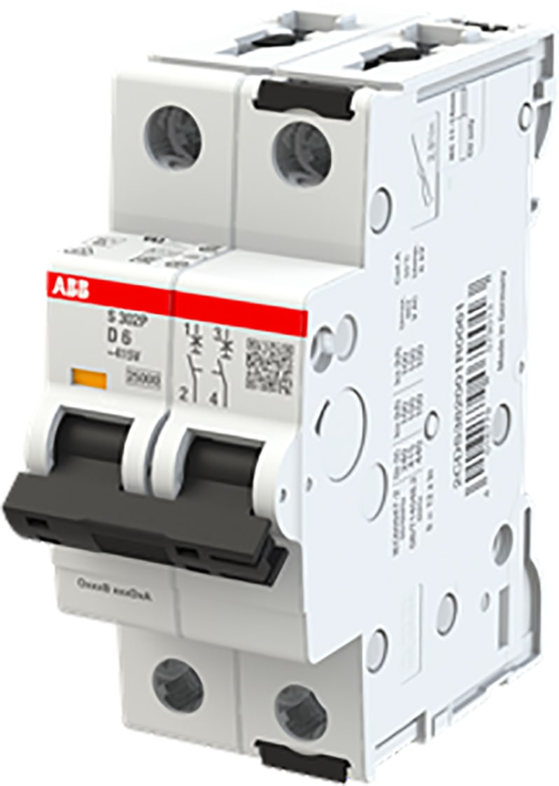 ABB S302P-D6 Miniature Circuit Breaker — 2P, Type D, 6 A, 25 kA