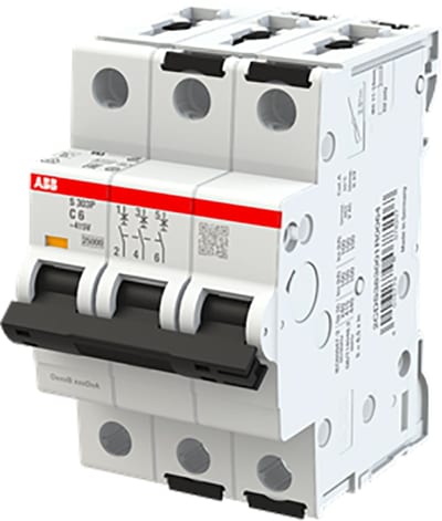 ABB S303P-C6 Miniature Circuit Breaker — 3P, Type C, 6 A, 25 kA