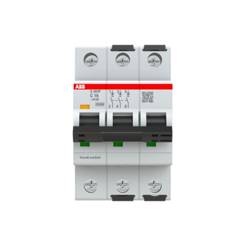 ABB S303P-C16 Miniature Circuit Breaker — 3P, Type C, 16 A, 25 kA 2CDS383001R0164