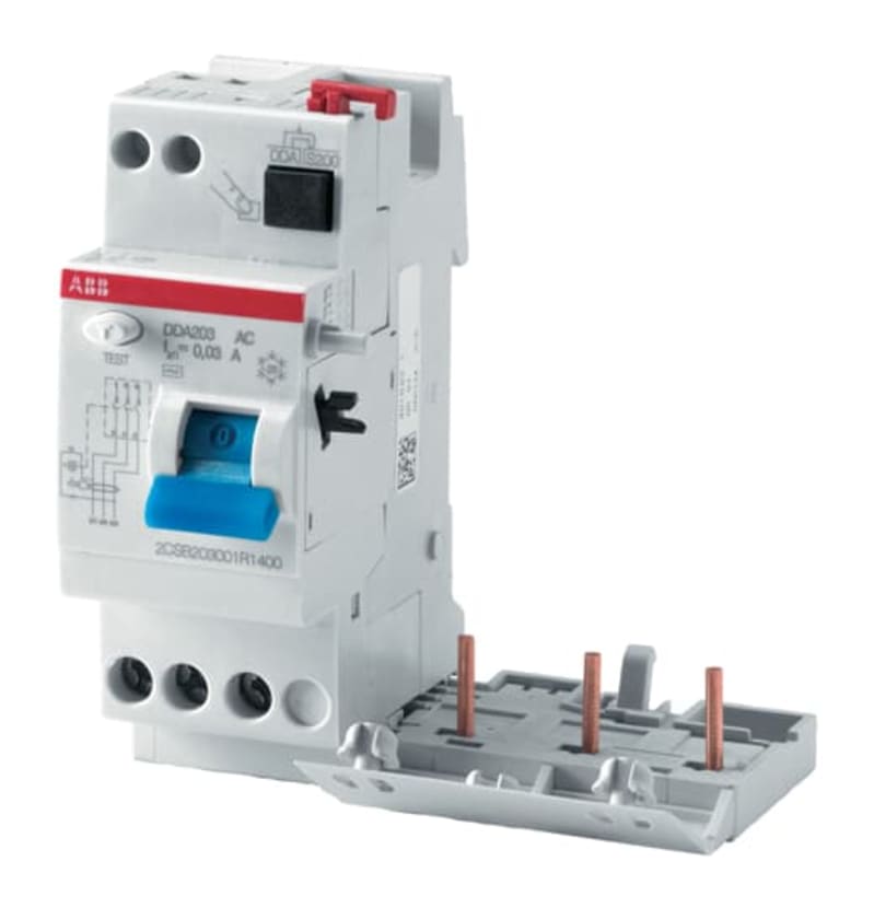 ABB DDA203 RCD Block — 3-Pole, Type A, 63 A, 30 mA, 110 V, for S200 MCB (2CSB203199R1630)