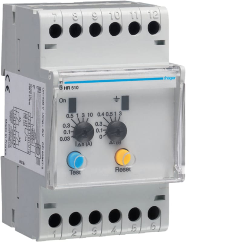 Hager 1660560 Earth Leakage Relay — 1-Channel, Adjustable 30 mA–10 A, 0–3 s Time Delay