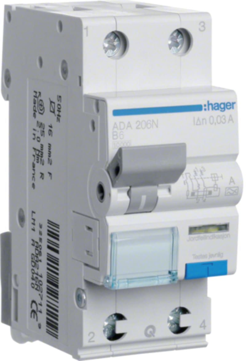 Residual current circuit breaker with overcurrent 30MA B-Curve 2X6A 10KA A (ADA206N)