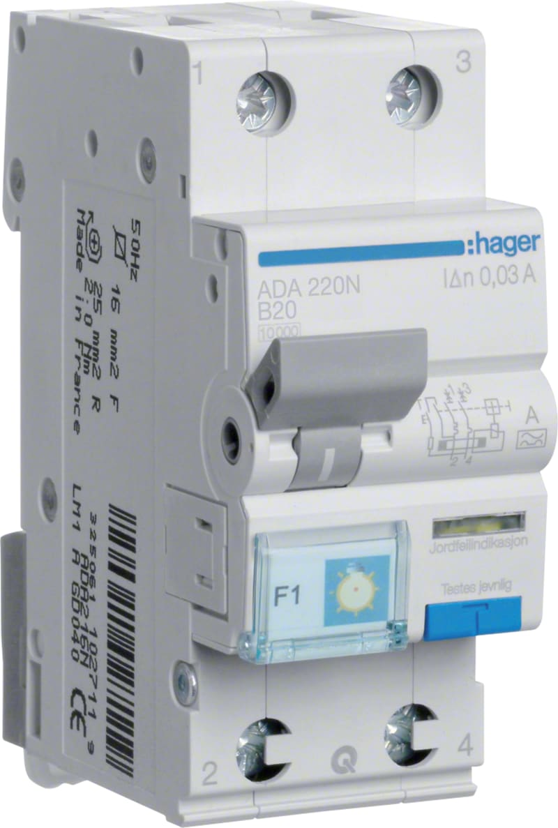 Residual current circuit breaker with overcurrent 30MA B-Curve 2X20A 10KA A (ADA220N)