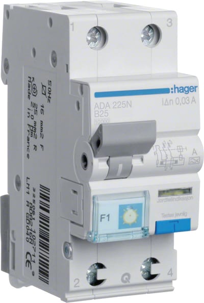 Residual current circuit breaker with overcurrent 30MA B-Curve 2X25A 6KA A