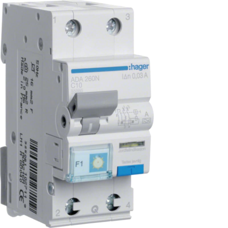 Residual current circuit breaker with overcurrent 30MA C-Curve 2X10A 10KA A (ADA260N)