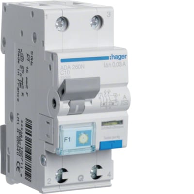 Residual current circuit breaker with overcurrent 30MA C-Curve 2X10A 10KA A