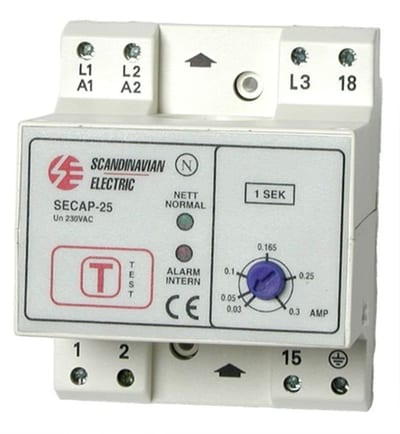 Function SECAP-25 F Directional Earth Fault Relay — IT Network, Fixed 30 mA / 1 s, Ø25 mm Integral Toroid, without Panel