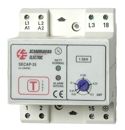 Function SECAP-25 J Directional Earth Fault Relay — IT Network, Adjustable 30–300 mA, Ø25 mm Integral Toroid, without Panel