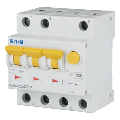Residual current circuit breaker with overcurrent 25A 3P C 100MA A