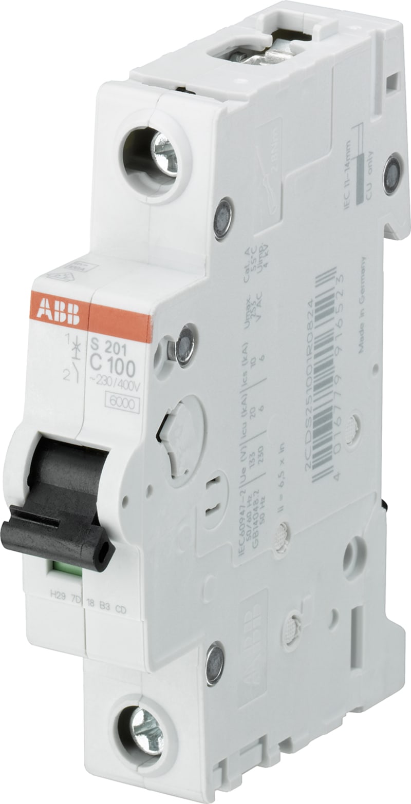 ABB S201-C100 Miniature Circuit Breaker — 1P, Type C, 100 A, 6 kA 2CDS251001R0824