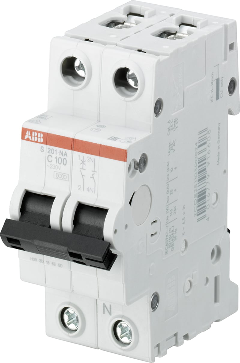 ABB S201-C80 Miniature Circuit Breaker — 1P, Type C, 80 A, 6 kA 2CDS251103R0804