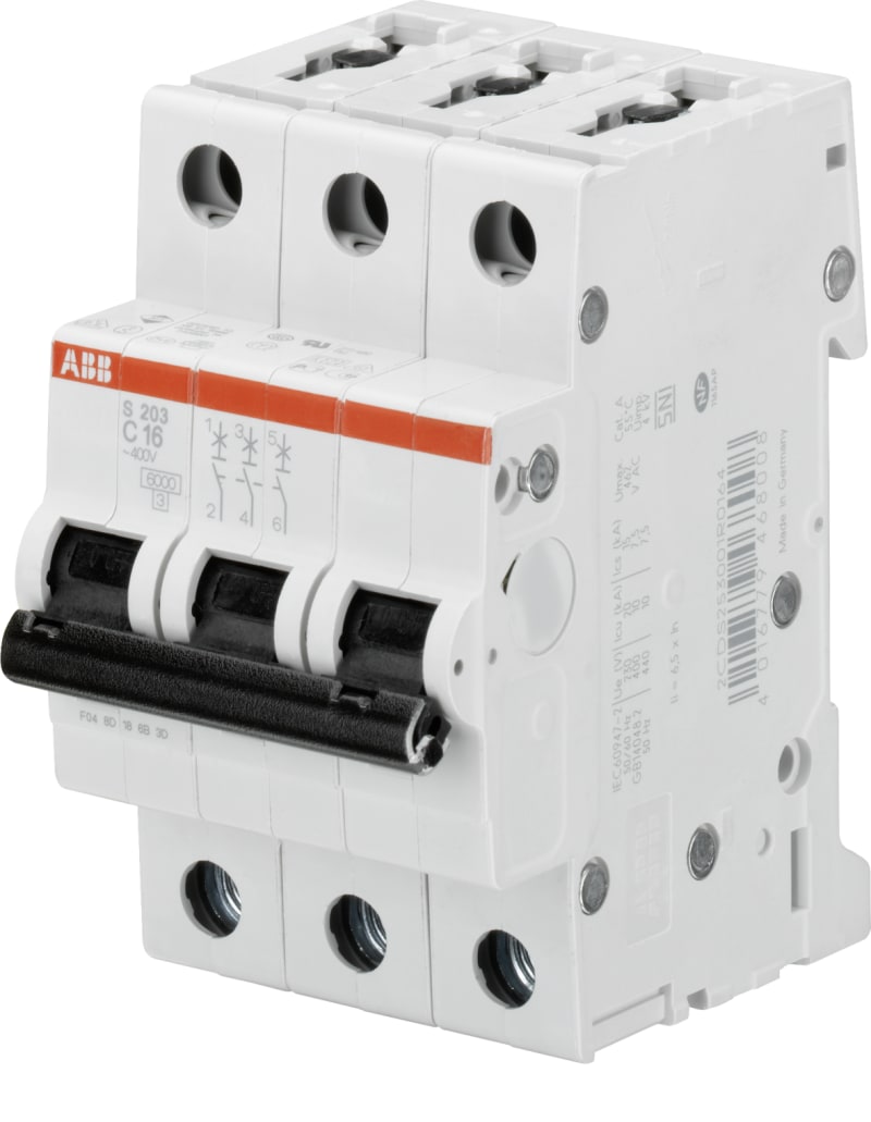 ABB S203-C80 Miniature Circuit Breaker — 3P, Type C, 80 A, 6 kA 2CDS253001R0804
