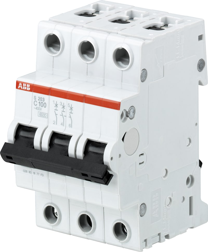 ABB S203-C100 Miniature Circuit Breaker — 3P, Type C, 100 A, 6 kA 2CDS253001R0824