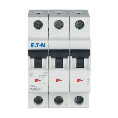 Eaton FAZ-C0.5/3 Miniature Circuit Breaker — 3P, Type C, 0.5 A, 15 kA