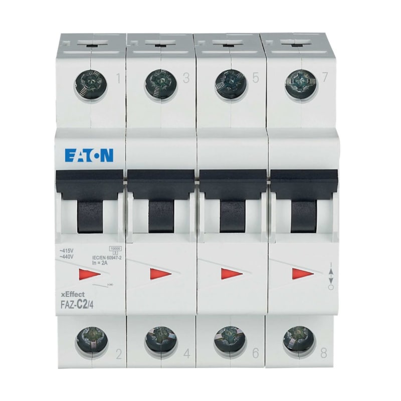 Eaton FAZ-C2/4 Miniature Circuit Breaker — 4P, Type C, 2 A, 15 kA