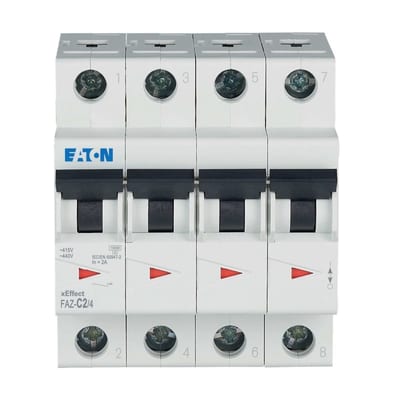 Eaton FAZ-C2/4 Miniature Circuit Breaker — 4P, Type C, 2 A, 15 kA