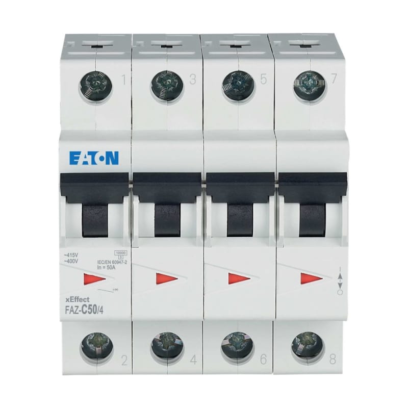 Eaton FAZ-C50/4 Miniature Circuit Breaker — 4P, Type C, 50 A, 15 kA