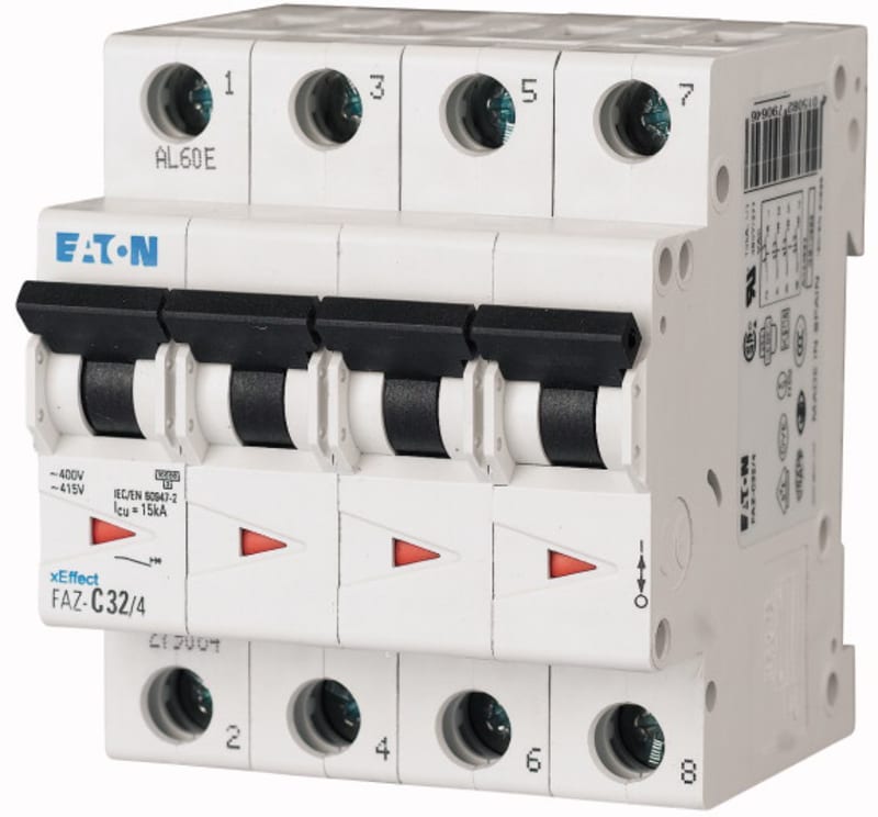 Eaton FAZ-D40/4 Miniature Circuit Breaker — 4P, Type D, 40 A, 15 kA