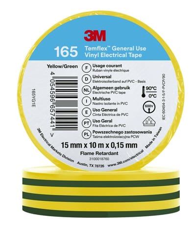 Electrical Tape 165 15MMX10M, Green/Yellow