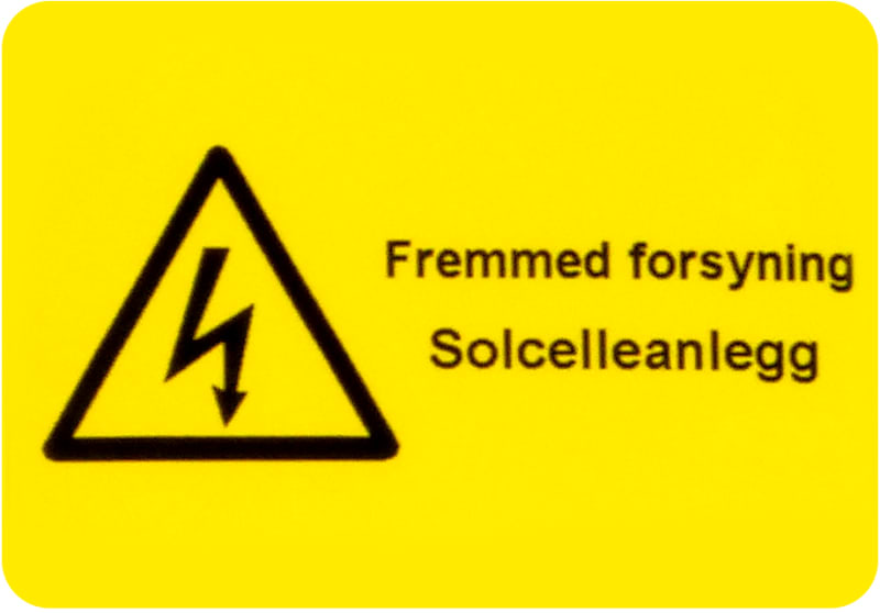 Warning Label "Fremmed forsyning solcelleanlegg" (External Supply, PV System), 50 × 35 mm, Black/Yellow, 5-Pack (1857083)
