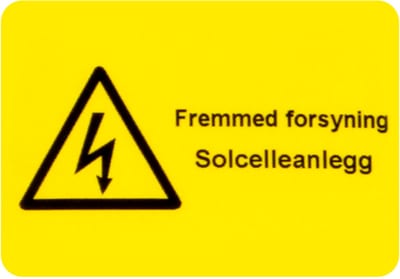 Warning Label "Fremmed forsyning solcelleanlegg" (External Supply, PV System), 50 × 35 mm, Black/Yellow, 5-Pack