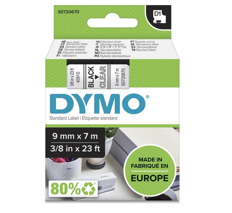 DYMO TAPE 9mm Black ON CLEAR (S0720670 / 40910)