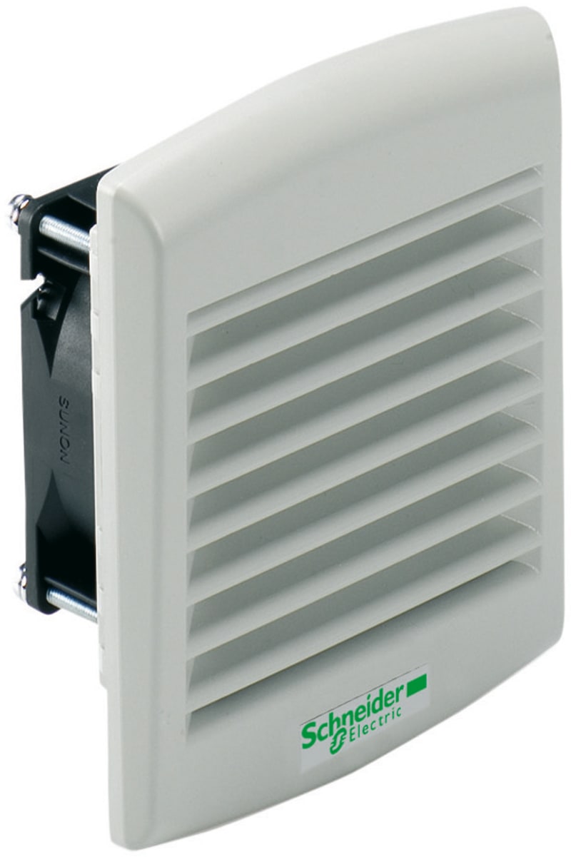 Schneider Electric ClimaSys forced vent. IP54, 38M3/h, 24V DC, with outlet grille and filter G2 NSYCVF38M24DPF